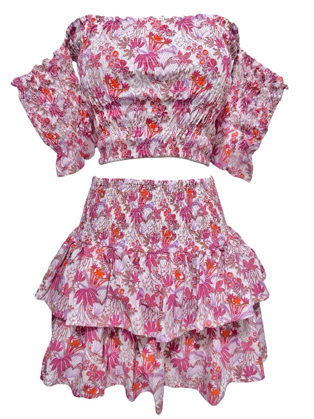 Lusana Smocked Floral Mini Skirt and Crop Top Set Pink Purple Skirt 2 Top 6